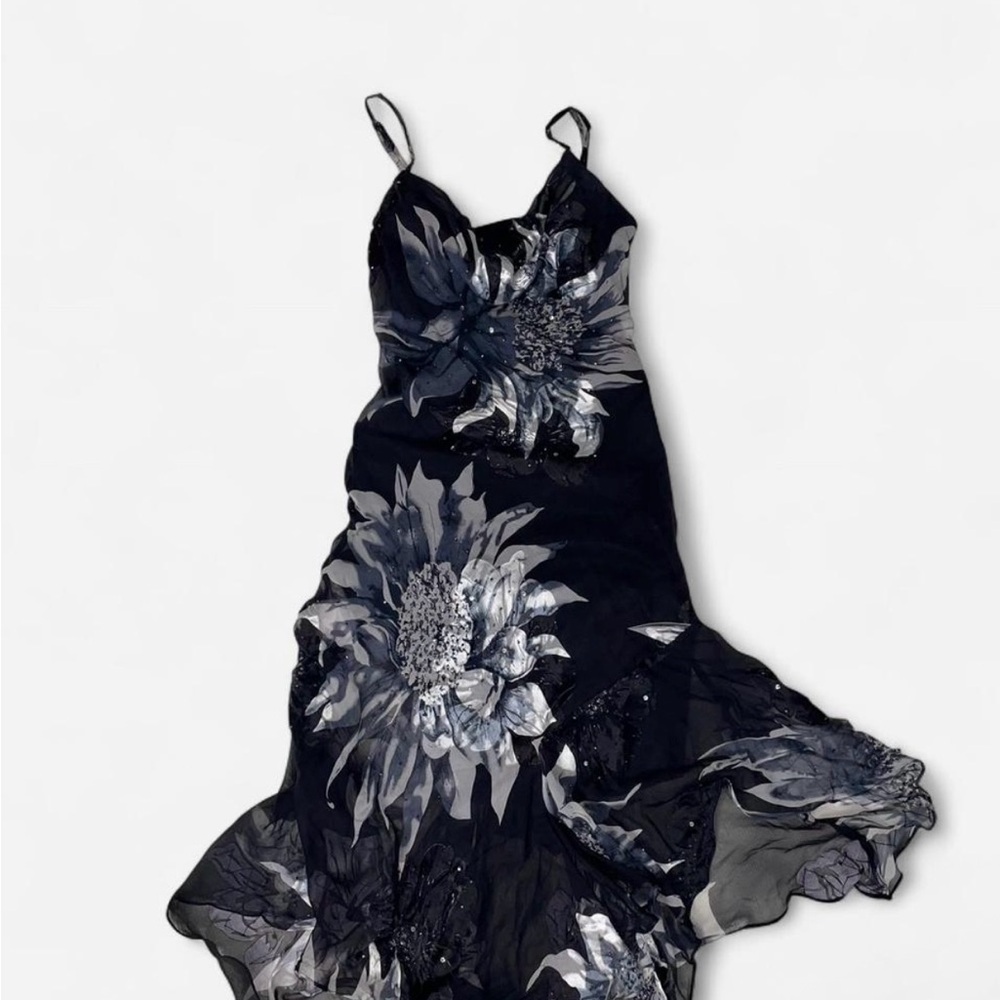 Cache Black and Silver Asymmetrical Maxi Dress